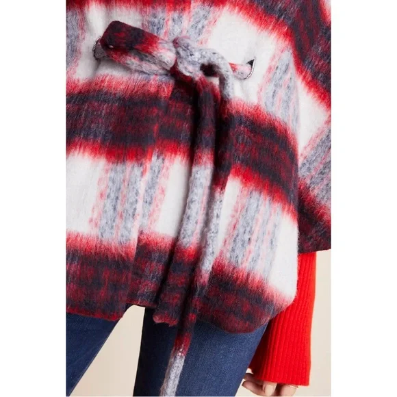 ANTHROPOLOGIE NWT Blue Plaid Brushed Wool Johanna Capelet Poncho Belted Cape OS